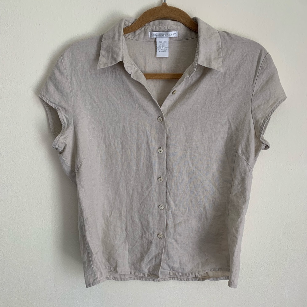 100% Linen Beige Tan Neutral Button Up Shirt Top M